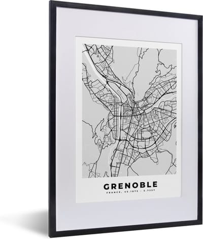 Fotolijst incl. Poster - Frankrijk - Plattegrond - Kaart - Grenoble - Stadskaart - 30x40 cm - Posterlijst