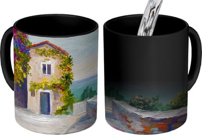 Magische Mok - Foto op Warmte Mokken - Koffiemok - Schilderij - Huis - Olieverf - Dorp - Magic Mok - Beker - 350 ML - Theemok