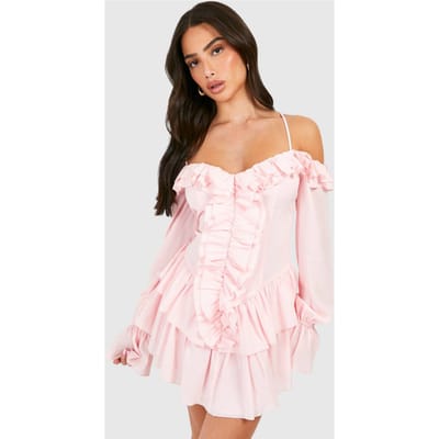 boohoo Dames Petite geweven jurk met ruches en gelaagde mini-zoom | Blush | Maat: 34