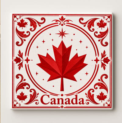 Decoratieve keramische wandtegel – Canada esdoornblad kunsttegel – vintage Canadese patriottische wanddecoratie – elegant rood-wit nationaal embleem design – Canada-thema cadeau voor keuken, badkamer en interieurdecoratie