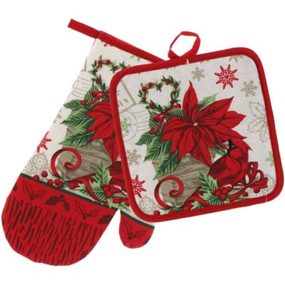Bundel - Pannenlap en Ovenwant - Kerst - Keukenset - 2 delig - Jilly - Kerstbloem - Kerstroos - Rood