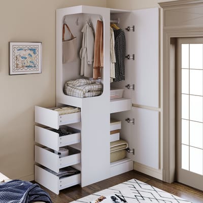 Kledingkast - 70x40x170 cm - Met Lades en Open Hanggedeelte - Eendeurs - Hout - Wit