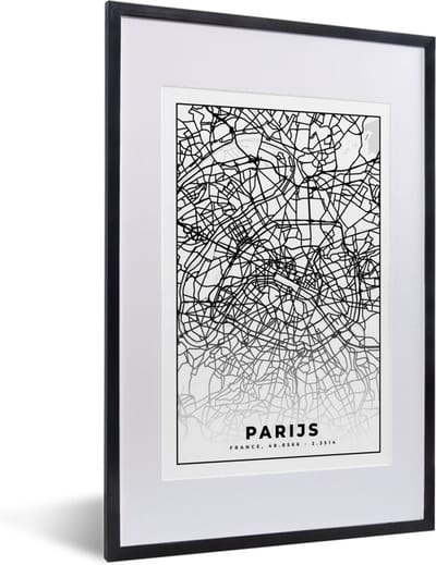 Fotolijst incl. Poster Zwart Wit- Parijs - Stadskaart - Zwart Wit - Plattegrond - Kaart - 40x60 cm - Posterlijst