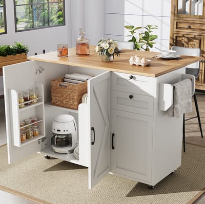MEUNIQ keukeneiland met uitklapbaar blad en opbergruimte 120 x 71,2 x 92 cm, keukenkar met 5 wielen, 2 lades en verstelbare planken voor keuken of eetkamer, wit