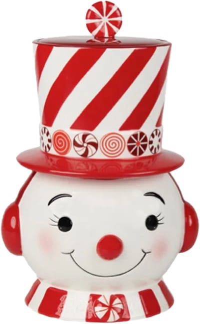 Viv! Christmas Kerstservies - Kerst Koektrommel Pepermunt Swirl Sneeuwpop - keramiek - rood wit - 30cm