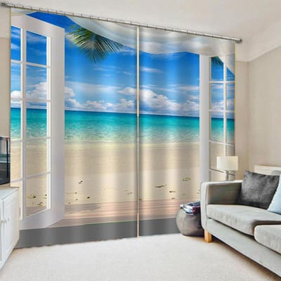 2 stuks Zomer Strand Zeester Gordijnen Blauw Oceaan Landschap Gordijn voor Slaapkamer Woonkamer Keuken Hal Tropische Gordijnen Woondecoratie W60H60(CM)x2PCS&HOOK