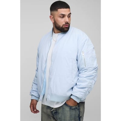 Plus Peached Embroidered MA1 Bomber Jacket | Baby Blue | Size 2XL