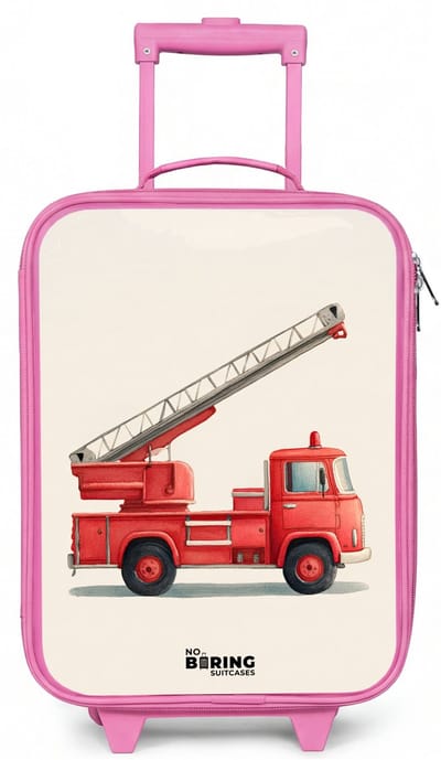 NoBoringSuitcases.com® - Kinderkoffer roze - Kindertrolley meisje - Brandweerwagen - Getekend - Rood - Koffer kind lichtgewicht - Reiskoffer trolley voor kinderen - Koffertje met lichtgevende wieltjes - Rolkoffer
