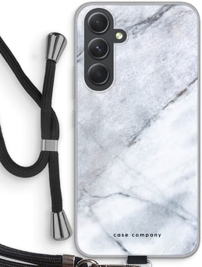 Case Company® - Hoesje met koord geschikt voor Samsung Galaxy A54 hoesje met Koord - Witte marmer - Telefoonhoesje met Zwart Koord - Bescherming aan alle Kanten en Over de Schermrand