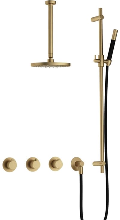 Hotbath Cobber - CB7067 - Inbouw Regendoucheset - Geborsteld Messing - 2 Stopkranen - Thermostatisch - Plafondbuis 30 cm - Hoofddouche 200 mm - Staafhanddouche - Glijstang 900 mm - Waterbesparend