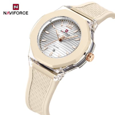 NAVIFORCE horloge met beige gefumeerde siliconen polsband, beige horlogekast en zilveren wijzerplaat voor dames met stijl ( Model 6109 SWBG )