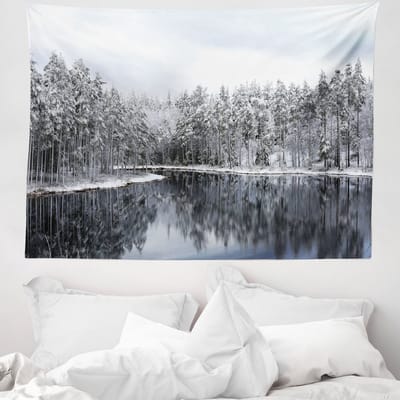 ABAKUHAUS Wandtapijt en sprei met bosmotief, Bomen in een koud meer, 150 x 110 cm, Witbruin