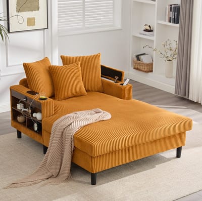 FloraGrace Chaise Longue 129 x 170 cm - Met Led, Usb, Bekerhouders & Opbergruimte - Woonkamer - Corduroy - Mosterdgeel