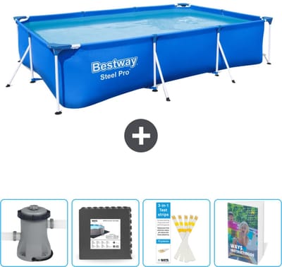 Bestway Rechthoekig Steel Pro Zwembad - 300 x 201 x 66 cm - Blauw - Inclusief Pomp Vloertegels - Testrips - Zwembadgids