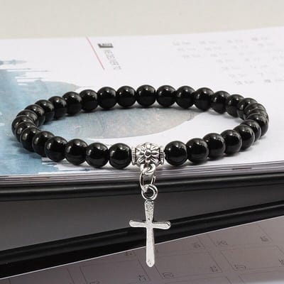 Kralen Armband met Kruisje - Bijoux - Zwart - Armbanden Heren Dames Kruis - Papa Cadeau Voor Mannen - Vaderdag