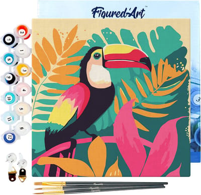 Figured'Art Mini Schilderen op Nummer Volwassenen 20x20cm met lijst Tropische Toekan - Klein Formaat Creatieve Hobby Kit DIY Art Nummer Compleet