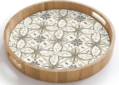 Dienblad rond 40x40 cm - Schootdienblad hout - Antiek - Tegel - Beige - Borrelplank rechthoek - Plateau houten dienbladen