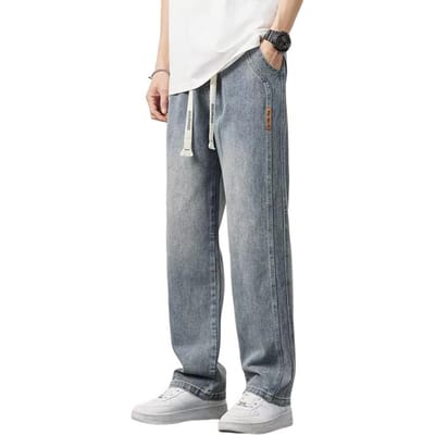 Heren zomerjeans elastische taille verstelbare trekkoord denim broek met zakken effen kleur rechte wijde pijpen casual broek XXL blauw