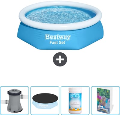 Bestway Rond Opblaasbaar Fast Set Zwembad - 244 x 61 cm - Blauw - Inclusief Pomp Afdekzeil - Chloor - Zwembadgids