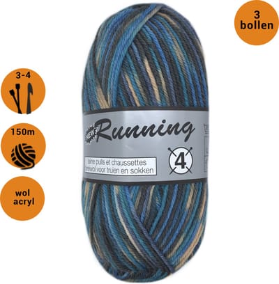 Lammy yarns New Running 4 groen blauw (910) - sokkenwol - pendikte 3 a 4mm - set van 3 bollen van 50 gram