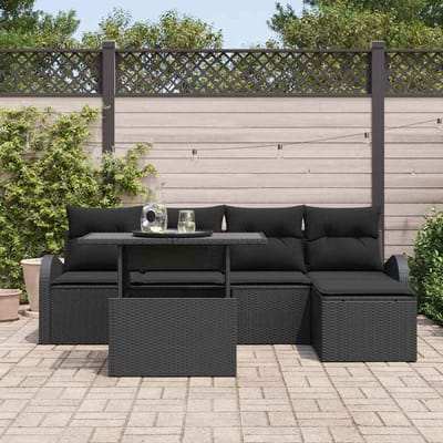 vidaXL Tuinbank Set met kussen met opslag 6 pcs Zwart Poly rattan
