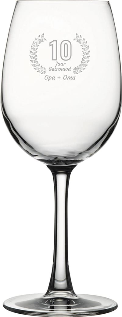Gegraveerde witte wijnglas 36cl Opa + Oma 10 jaar getrouwd