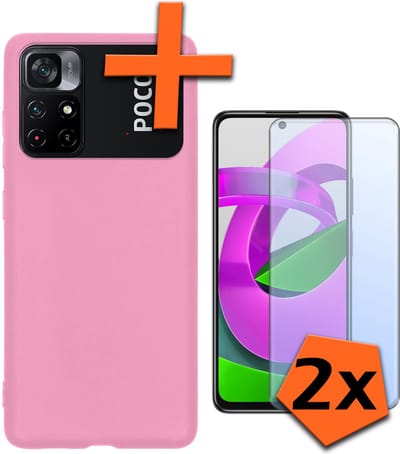 Hoes - Met 2x Screenprotector - Geschikt voor Xiaomi Poco M4 Pro 5G - Sterk & Shockproof - Back Cover - Siliconen Case - Telefoon Hoes - Lichtroze