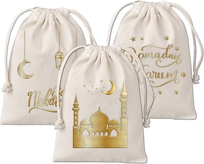 Famanu – 3 Ramadan geschenkzakjes - katoen - hoge kwaliteit goudprint - ideaal voor het verpakken van geschenken - maat 20x30 cm