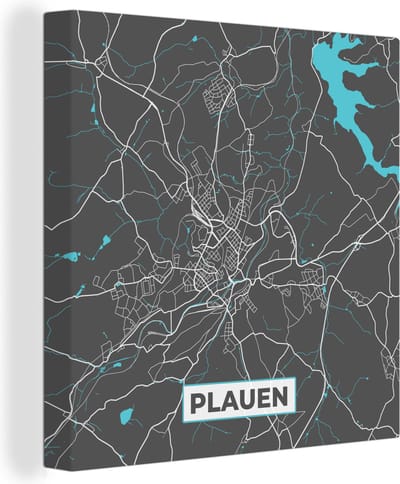 Canvas Schilderij Duitsland – Blauw – Plauen – Stadskaart – Kaart – Plattegrond - 20x20 cm - Wanddecoratie