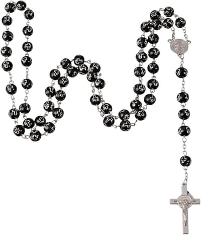 Elegante rozenkrans met kristallen kralen, kruis en heilige medaille - Zwart design voor gebed en spiritualiteit