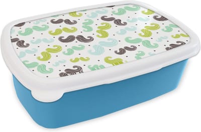 Broodtrommel Blauw - Lunchbox - Brooddoos - Patronen - Snor - Kleuren - Jongens - Kinderen - Kids - Jongetje - 18x12x6 cm - Kinderen - Jongen