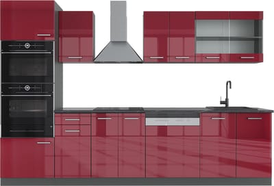 Vicco R-Line Complete keukeneenheid – 300 cm met hoge kast, WB Antraciet Rood hoogglans/antraciet