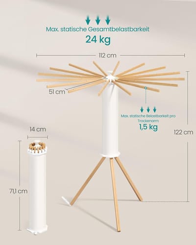 SONGMICS LLR530YW01 Opvouwbaar wasrek, draagbare vloerdroger, ruimtebesparend, draaibaar, uitschuifbaar, voor wasruimte, balkon, 16 houten armen, natuurlijke kleur