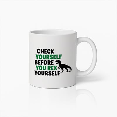 Check Yourself Before You Rex Yourself Mok 330ml – Grappige Dinosaurus Koffiebeker – Humoristisch Cadeau voor T-Rex & Dino Liefhebbers