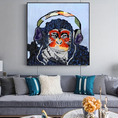 Allernieuwste.nl® Canvas Schilderij Luisterende Aap met Headphones - PopArt Modern - Poster - Reproductie - 60 x 60 cm - Kleur
