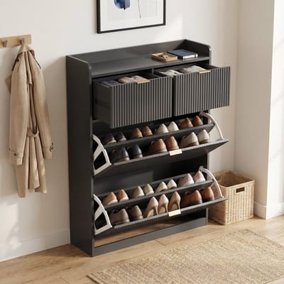 Schoenenkast - 80x24x110cm - 2 lades en 2 klepdeuren - Hout en Metaal - Modern - Zwart