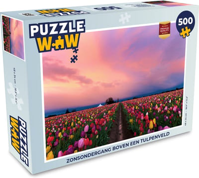 Puzzel Zonsondergang boven een tulpenveld - Legpuzzel - Puzzel 500 stukjes