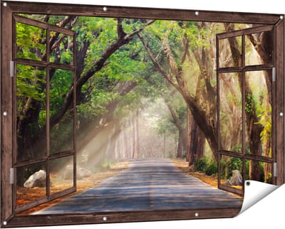 Gards Tuinposter Doorkijk Weg Omringd met Bomen - 150x100 cm - Tuindoek - Tuindecoratie - Wanddecoratie buiten - Tuinschilderij
