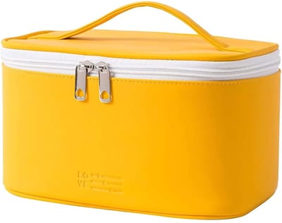 Toilettas, Make Up Tasje, Make Up Koffer, Beautycase, Make Up Organizer, Make Up Tas, Toilettas, Reistas, Toilettas Dames, Make Up Organizer, Make Up Etui, Cosmetica Tas, Verjaardag, Moederdag, Valentijnsdag, Cadeautje, PU-Leer, 22x14x12 CM, GEEL