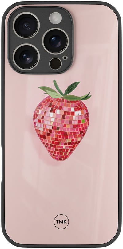 Hoesje geschikt voor Apple iPhone 16 Pro - Disco aardbei - Roze - TPU luxe case (glossy toplaag) - Print - Hardcase backcover zwart
