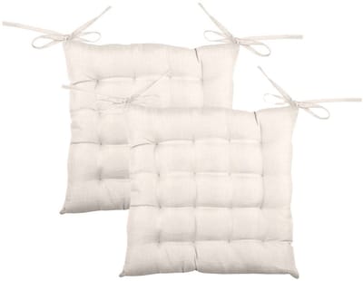 Stof Textile stoelkussen BEA - 2x - gebroken wit - 40 x 40 x 4 cm - touwtjes sluiting - binnen/buiten - zitkussens plat
