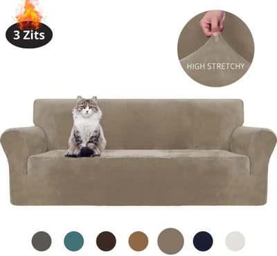 Livano Bankhoes - Bankbeschermer - Stretch - Sofa Cover - Fluweel - Khaki - 3 Zits
