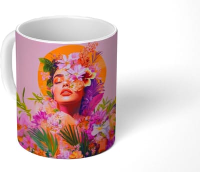 Mok - Koffiemok - Vrouw - Abstract - Cirkel - Bloemen - Mokken - 350 ML - Beker - Koffiemokken - Theemok