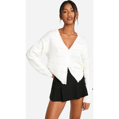 boohoo Dames Zacht Gebreide Pointelle Cardigan | Creme | Maat: Large
