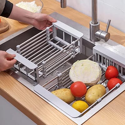 Roestvrij Stalen Telescopische Afvoermand - Klein Afdruiprek en Keukenorganizer voor Afwassen, Fruit en Groente