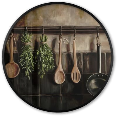 Poster in lijst Rond - Fotolijst 60x60 cm - Posters - Keukengerei - Rustiek - Tegels - Kruiden - Ronde posterlijst zwart - Decoratie - Wanddecoratie woonkamer - Muurdecoratie slaapkamer