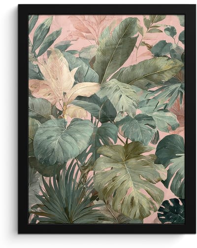 Poster in lijst - Fotolijst 30x40 cm - Posters - Compositie van bladeren - Groen - Roze - Posterlijst zwart - Decoratie - Wanddecoratie woonkamer - Muurdecoratie slaapkamer