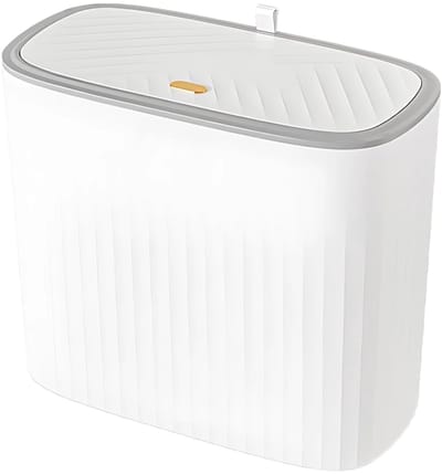 Slanke badkamer afvalemmer met pop-up deksel, ruimtebesparend ontwerp, 12 liter, ideaal voor kleine ruimtes, wit-grijs, 32 x 16 x 27 cm