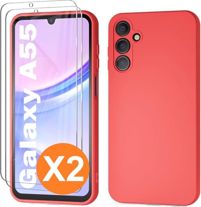 Hoesje geschikt voor Samsung Galaxy A55 siliconen hoesje Rood zacht TPU backcover - Met gehard glas screenprotector - 2 stuks