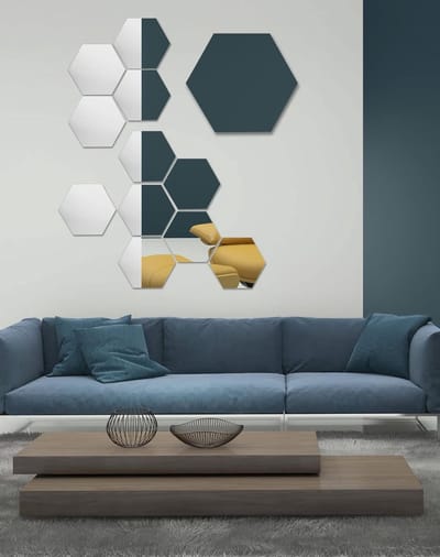 12 Stuks Hexagon Spiegel Stickers, Zelfklevende Acryl Spiegeltegels voor Wanddecoratie in Huis, Slaapkamer en Woonkamer (200x170mm)